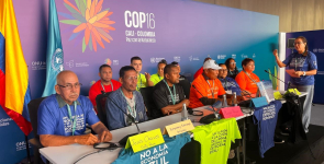 Conferencia de prensa del grupo de pueblos pescadores en acción en la COP16 de Biodiversidad en Cali, Colombia